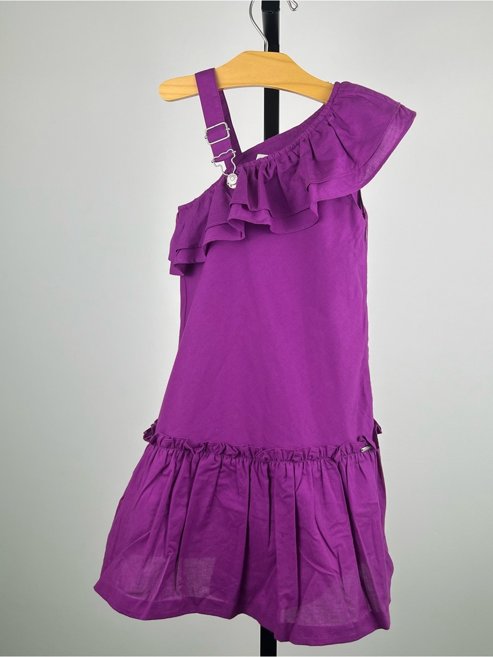 NWOT Junior Gaultier Girls One Shoulder Ruffle Dress, Plum, 8Y